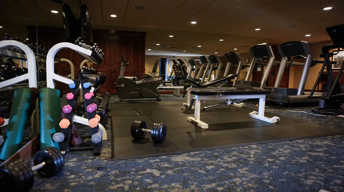 A different angle in the fitness area shows a dumbbell weights rack, weight bench, treadmills, and elliptical machines, emphasizing variety and accessibility of equipment. The scene suggests a shared, communal space for both strength and cardio activities.